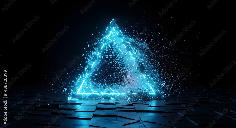 Poster a glowing blue triangle with shattered pieces floating in a dark space on a tiled surface below it