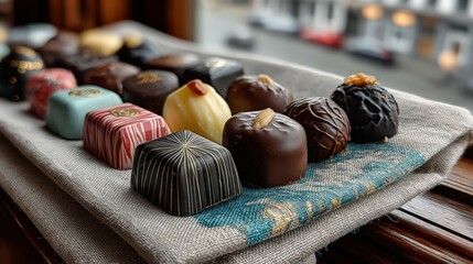 Assorted Belgian pralines arranged beautifully in cafe on linen napkin with soft daylight