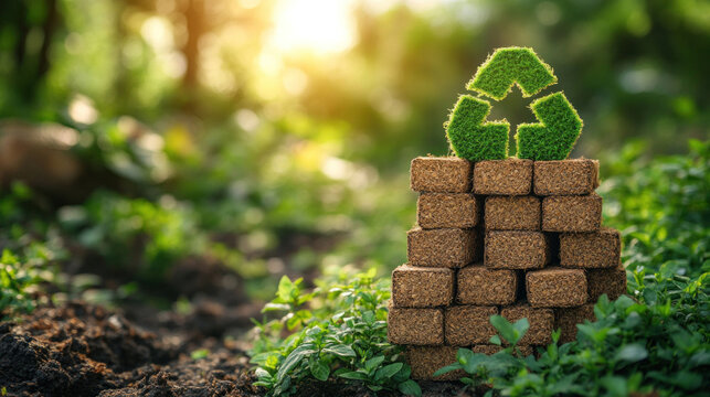 green construction project background with eco-friendly bricks, sustainable signage and natural materials stacked neatly