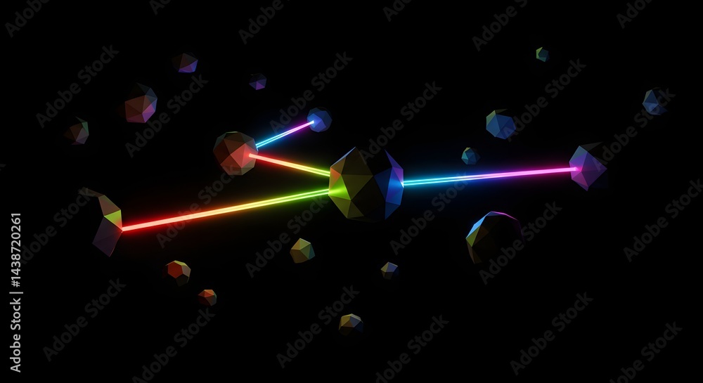 Poster a low poly rendering of geometric shapes connected by laser beams floating in a dark empty space