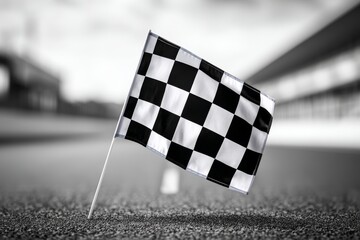 Race Track Finish Line Checkered Flag - A black and white checkered flag planted on a race track, symbolizing victory, competition, speed, achievement, and the finish line