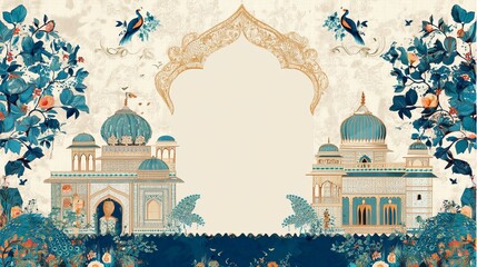 Traditional Mughal wedding card design with peacock dome and garden archway background