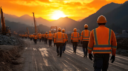 group of workers practicing fire drill at construction site