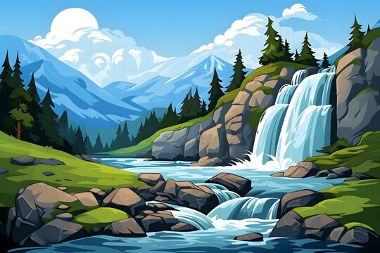 Waterfall Landscape Illustration Wallpaper, Beautiful Waterfall Scenery, Waterfall Wallpaper, Dreamy Waterfall Background, Nature Landscape, Landscape wall art, Relaxing wallpaper