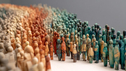 Obraz premium Many small wooden figurines, painted in varying shades of teal, orange, and beige, arranged in a curved line, representing a diverse crowd or community