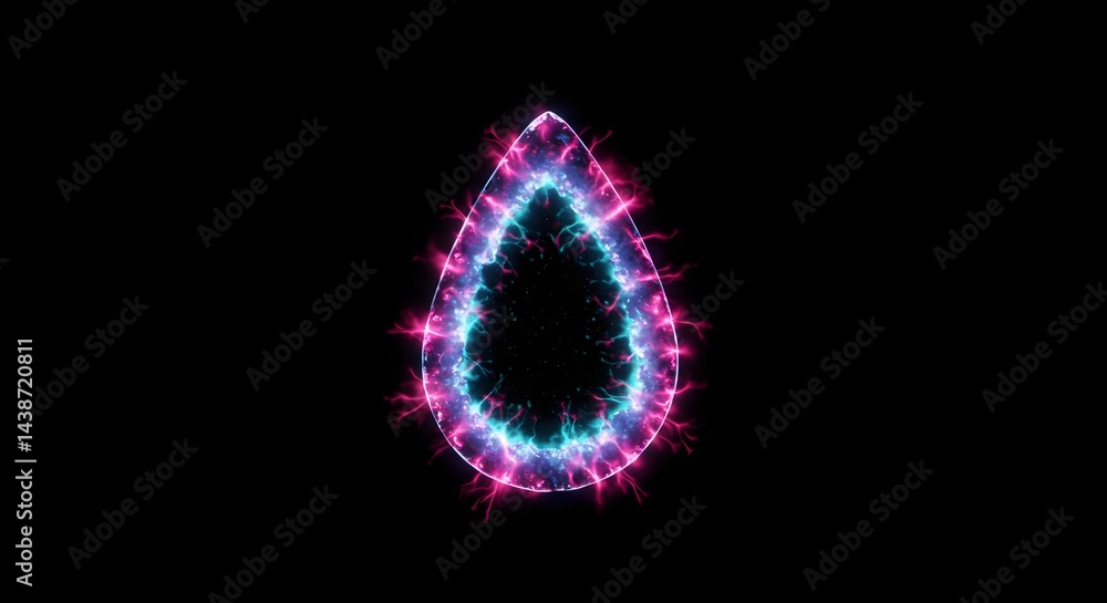 Poster glowing teardrop shape with pink and blue energy on a black background creating a portal effect