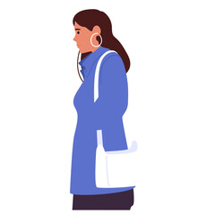 Elegant businesswoman cartoon character wearing autumn coat going at work isolated on white