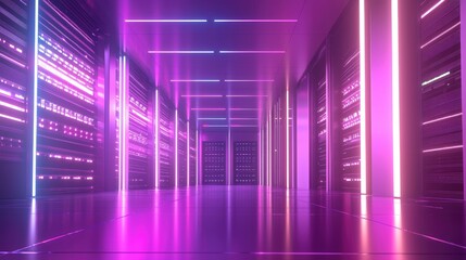Fototapeta premium Ultra-modern server room with futuristic pink and purple neon lighting, reflecting on glossy floors, ideal for advanced cloud computing, technology innovation, and IT infrastructure