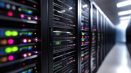 Modern server room with glowing multicolored status lights and high-tech black racks, showcasing advanced digital infrastructure ideal for cloud computing, IT, and cybersecurity