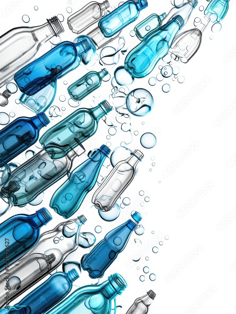 Poster floating abstract 3d plastic bottles create a conceptual layout in a minimalistic white space for vi