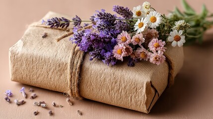 Minimalist vegan gift box with lavender on blush background