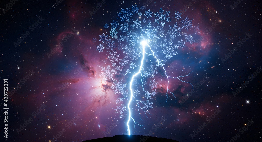 Poster a snowflake tree struck by bright lightning against a cosmic nebula filled sky background view