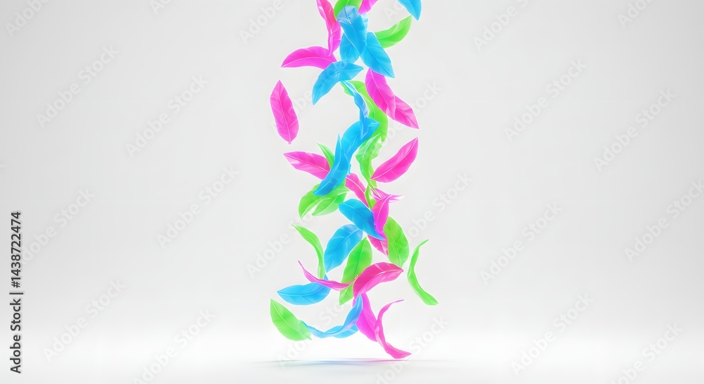 Aufkleber colorful feathers falling down in a white studio environment with soft light and a gentle compositio