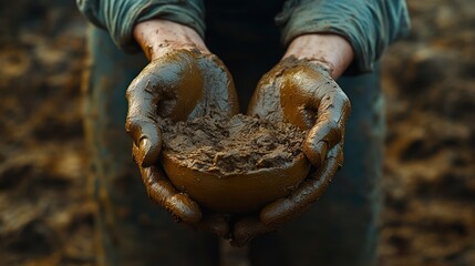 Hands holding soil or dirt close up in an outdoor agricultural environment.