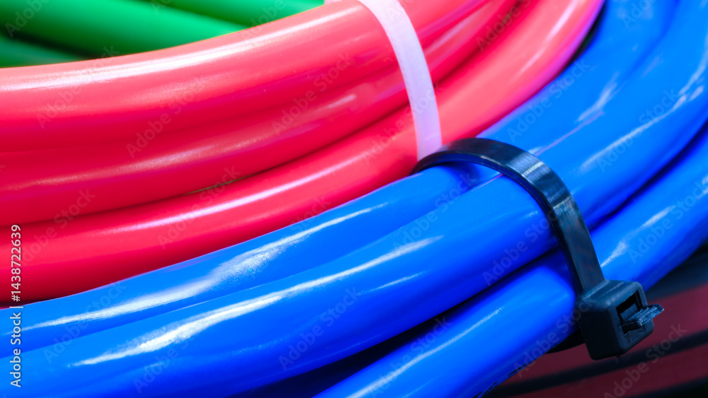 Poster a blue and red wire is shown in the image. the blue wire is wrapped around the red wire, and the two