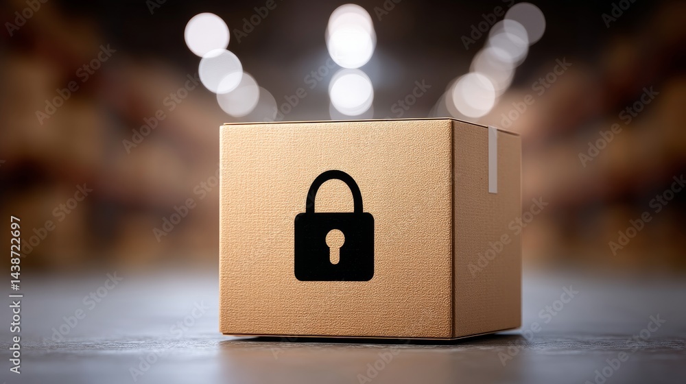 Poster secure package delivery - cardboard box with a padlock symbol, representing secure and safe shipping