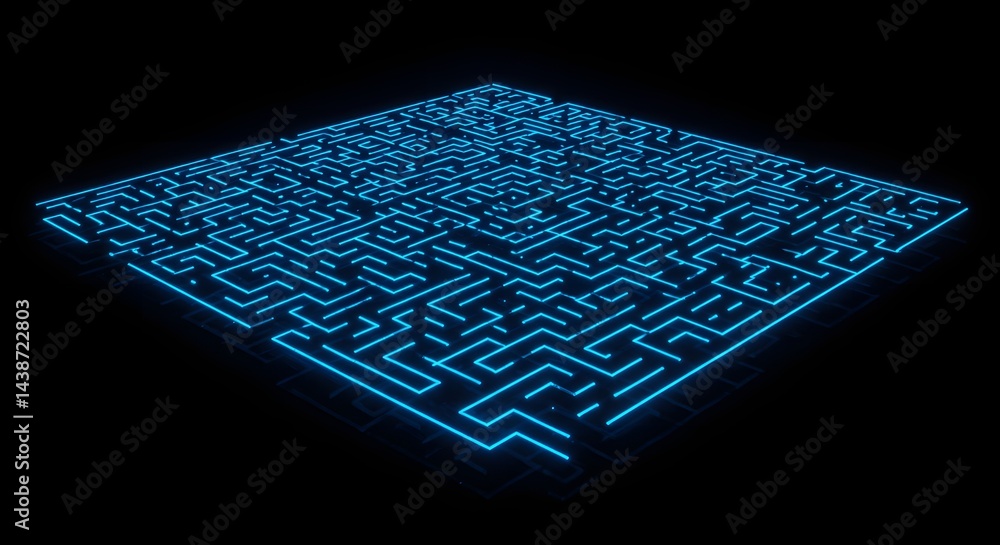 Poster a glowing blue maze pattern on a black background creating a complex and intricate geometric design 