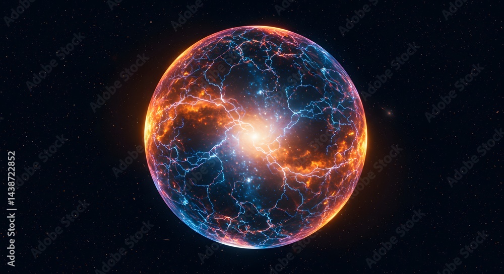 Poster a vibrant energy sphere with lightning and glowing core against a dark starry space background view