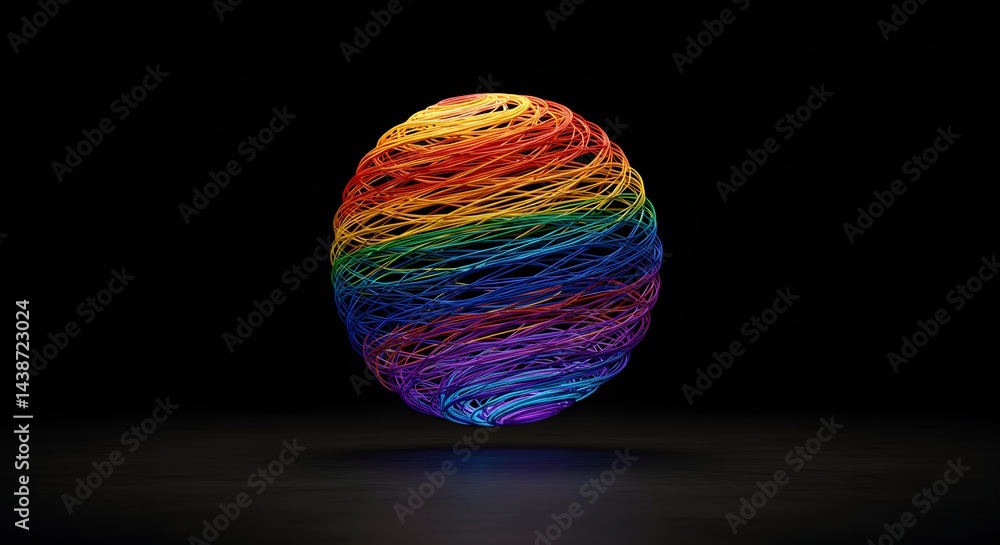 Poster a colorful sphere made of intertwined strands against a dark background with subtle reflection below