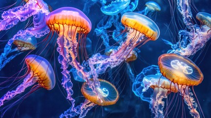 Several jellyfish float in dark blue water with colorful bioluminescent glow.
