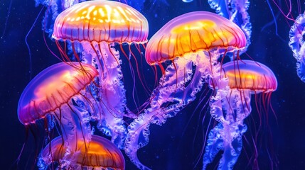 Several jellyfish swim in dark blue water illuminated with purple and orange light.