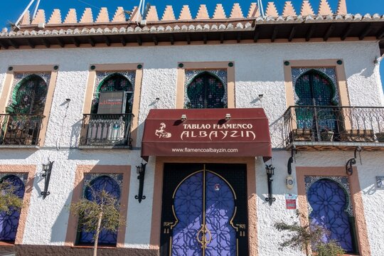 Granada, Spain - February 1, 2025:  Tablao Flamenco Albayzin House Exterior, Famous Spanish Dance Show Palace Near Mirador de San Nicolas, Historic Albaicin Neighborhood