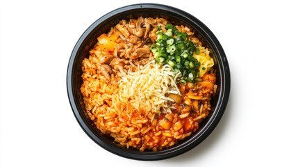 Bowl of rice with toppings including vegetables and shredded cheese on white.