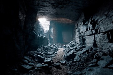 The cavern showcases rough stone walls and a rugged floor scattered with rocks. Dim light filters in from an opening above, creating an eerie atmosphere filled with shadow and depth