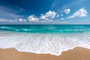Serene Coastal Escape: Sun, Sand, and Sea - Peaceful ocean waves gently lapping on a pristine sandy beach under a vibrant blue sky. Symbolizes tranquility, freedom, serenity, escape, and renewal