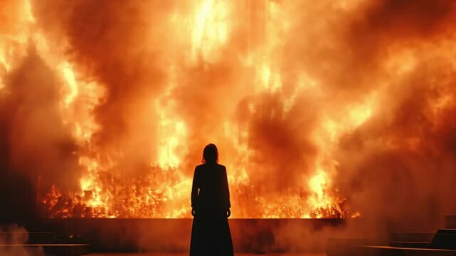 Woman Silhouetted Against a Wall of Fire