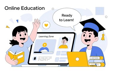 Cheerful Students Learning Online With Laptop and Books in the Learning Zone Concept