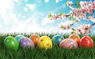 Fototapeta premium Colorful Easter Eggs with Floral Designs on Lush Green Grass, Sunny Blue Sky Background