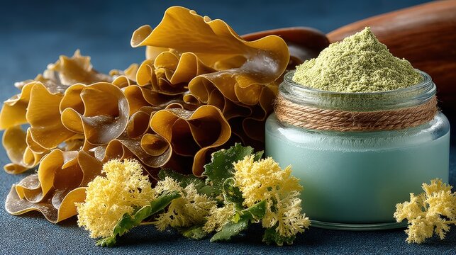 Macro view of Alaria esculenta and peptide-rich cream for facial contouring