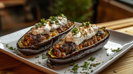 Two stuffed eggplants topped with cream and herbs on a white plate.