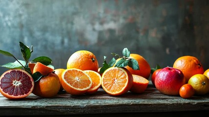 Fresh citrus and apples on rustic table with changing light and shadows