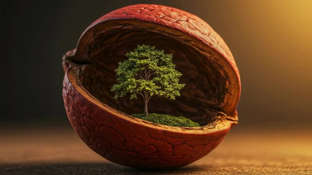 Small tree growing inside a cracked nut shell. New life and growth concept video. Nature and regeneration symbol motion footage. Eco-friendly environmental theme clip.