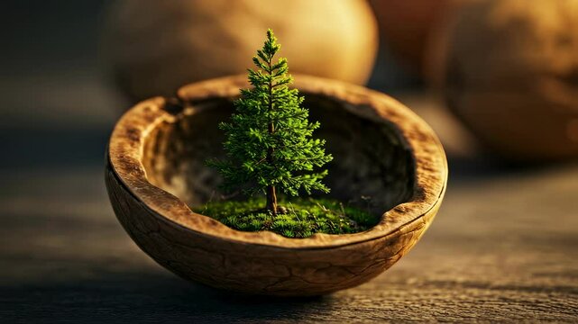 Small green tree seedling growing in a cracked walnut shell on a wooden surface with a warm golden light shining on it. Miniature life concept video.