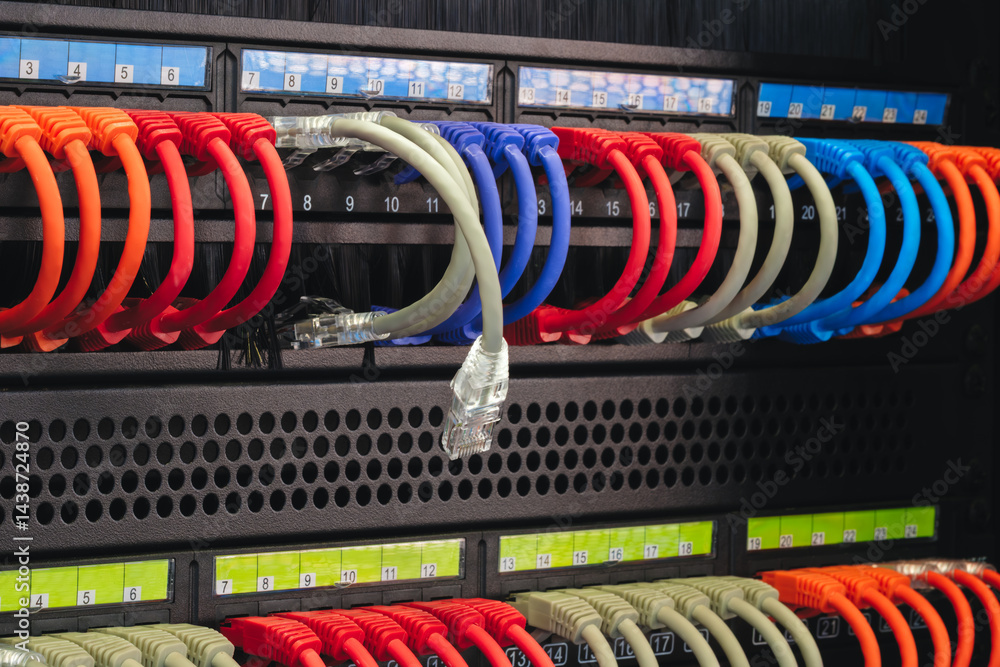 Poster cables different colors and numbers. Cables are connected to black box one cable is not connected, broken connection, no connection, disconnected nternet and communication problem concept background