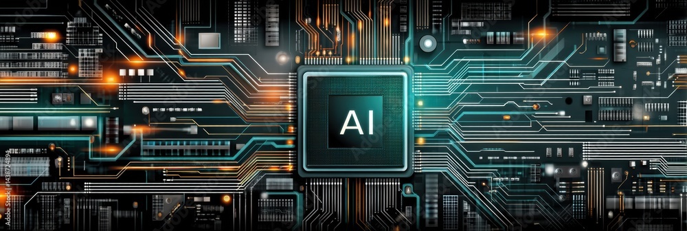 Fototapete stylized microchip with ai label surrounded by minimal technology background in a futuristic digital