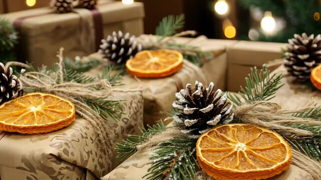 Festive gift wrapping with pine, orange slices, and cozy holiday lights