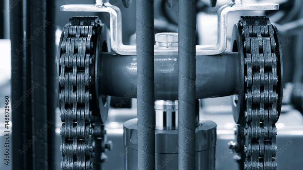 Poster A chain is shown in a close up, with the chain being black and silver. The chain is attached to a pipe and is connected to a piece of machinery. Concept of industrial machinery