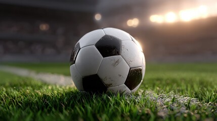 Fototapeta premium Dirty Soccer Ball on Green Grass Field at Sunset in Stadium