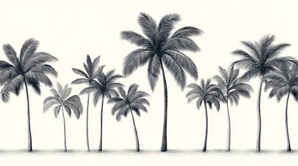 Sketch of Tropical Palm Grove - Tranquil beach scene, palm trees swaying gently, sun-kissed sand, clear blue sky, peaceful ocean waves. Symbolizing: Relaxation, serenity, escape, paradise, nature
