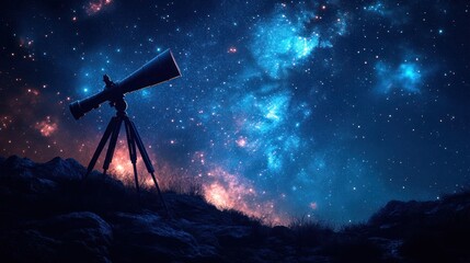 Telescope silhouette against a starry night sky with nebulae and cosmic dust.