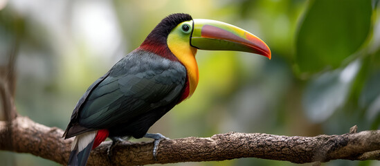 A side profile of a toucan perched on a tree branch, its beak illuminated by sunlight, with the rainforest background softly blurred