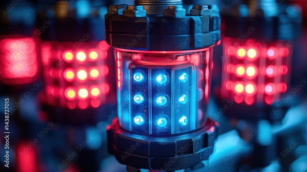Poster close-up view of illuminated mechanical components with vibrant blue and red lights in a tech settin