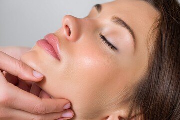 Fototapeta premium Close-up of a young woman receiving a facial massage, showing relaxation and skincare, her smooth skin highlighted in natural light, emphasizing beauty and wellness.