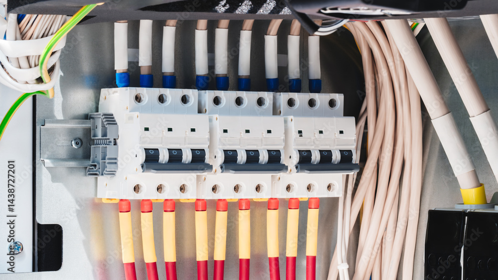 Poster A bundle of electrical wires is connected to the circuit breakers of the electrical network