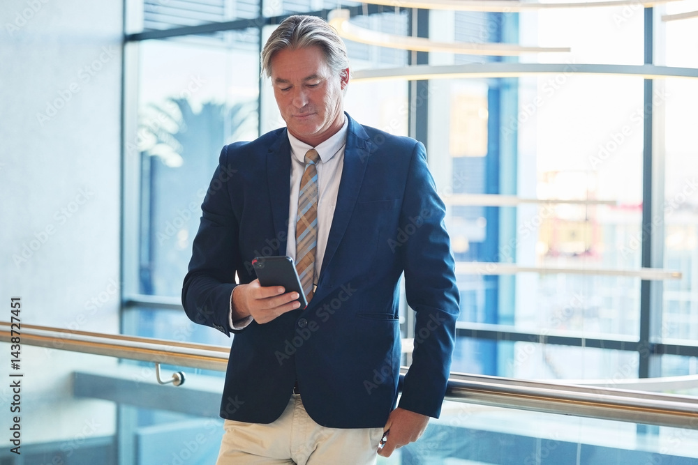 Aufkleber phone, communication and businessman in office for email for corporate networking with client. cellp