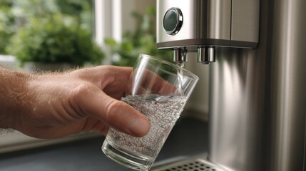 User dispenses cold water from a sleek silver water dispenser in a modern kitchen